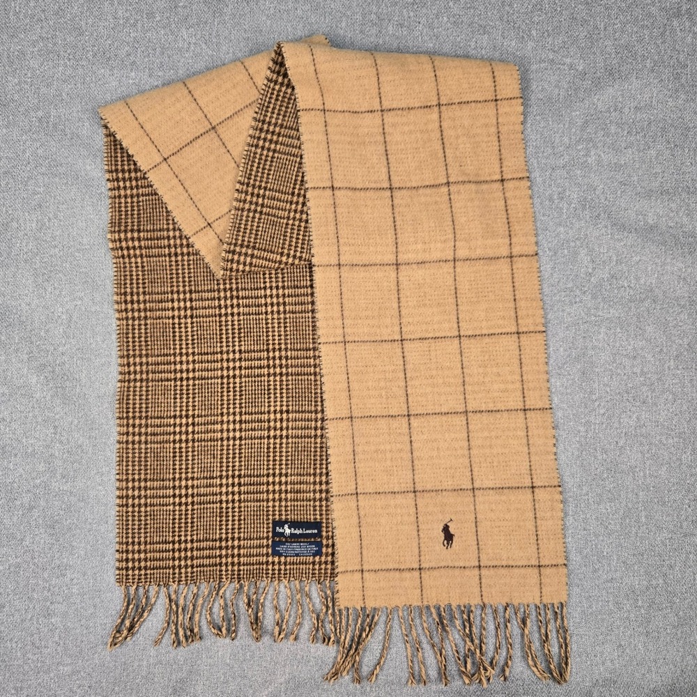 Vintage Polo Ralph Lauren Reversible Scarf Windowpane Plaid Lambswool Italy Tan